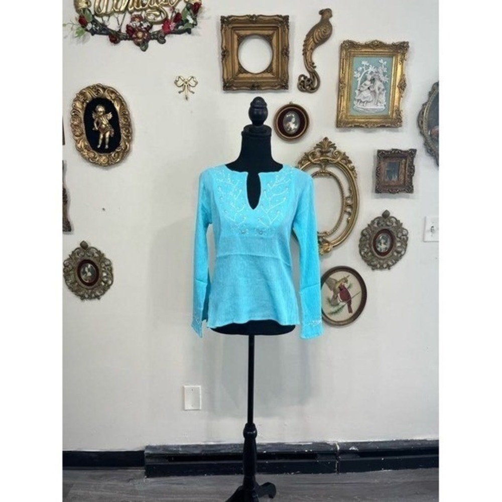 Vintage Y2K Citicraze Aqua Blue Gauze Beaded Boho Tunic Top Small NWT